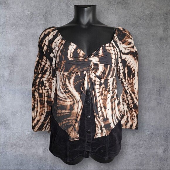 Bluebell Brown Swirl Print Mesh Top – Size 1X – Y2K Inspired Bell Sleeve Knot - Picture 14 of 14